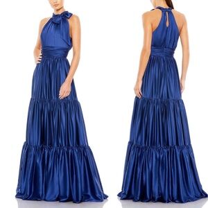 Mac Duggal Bow Detail Halter Tiered Satin A-Line Gown NWT Blue Size 12